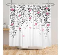 Bovlleetd Flor llorona Cortina de Ducha (175x178cm) Gris Rosa Hojas Botánico Granja Florales Baño Cortina de Ducha Juego de Cortina de Ducha de Plantas Impermeable para baño
