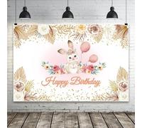 Bovlleetd Fondo de Feliz Cumpleaños con Lindo Conejito en un Arbusto de Flores Rosas Secas en Beige Fotografía Telón de Fondo Estilo Cuento de Hadas para Decoración de Fiestas 220x150cm Vinilo