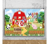 Bovlleetd ondo de Granja Animal Feliz cumpleaños Telón de Fondo Banner Dibujos Animados Granero Rojo Fotografía Fondos Fondo de Granja para Decoraciones de Fiesta de cumpleaños 250x180cm