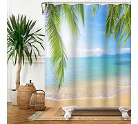 Bovlleetd Playa Cortina de Ducha Cortina de Ducha Decorativa con Estampado de Hojas de Palma Sea Ocean Wave para baño, Cortina de Ducha de bañera Repelente al Agua de poliéster, de Varios tamaños