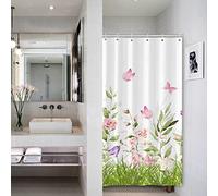 Bovlleetd Puesto pequeña Planta Cortina de Ducha Salvia Verde Hoja Rosa Mariposa púrpura Florales Cortina de Ducha para un Solo Walkin RV decoración Tela baño poliéster Impermeable 92x183cm