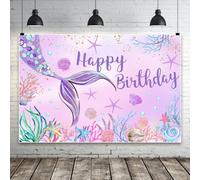 Bovlleetd Sirena Feliz Cumpleaños Telón de Fondo Rosa Azul Morado Coral Estrella de Mar y Vieira Telón de Fondo Fotográfico para Fiesta 150x100cm Vinilo