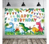 Bovlleetd Telón de Fondo Feliz Cumpleaños con Coloridos Dinosaurios Edad Jurásica Fotografía Telón de Fondo Globos Pastel de Miel Elementos Mariposa Telón de Fondo Infantil 220x150cm Vinilo
