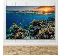 Bovlleetd Telón de fondo para fotografía de arrecife de coral subacuático con diseño de atardecer de 3 x 2,5 m, océano tropical con coloridos peces corales, fondo para fiestas de acuario, sesiones de