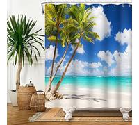Bovlleetd Turquesa Cortina de Ducha Océano Hojas de Palmera Tropical Cielo Azul Hawai Island Seaside Escena Cortina de Ducha para el baño Set 12 Ganchos Cortina de Ducha Decorativa Lavable a máquina