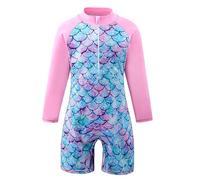 BOVOSHA Traje de baño de sirena para niñas, de una pieza, de manga larga, para niños de 3 a 14 años, rosa, 12-14 años
