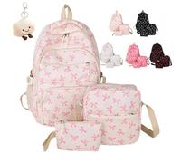 Bow Backpack 3Pcs Set for Girls, Preppy Daypack & Shoulder Bag Handbags, Kawaii Bow Nylon School Bags Crossbody Bag, for Teen, College, Primary and Secondary (Pink)