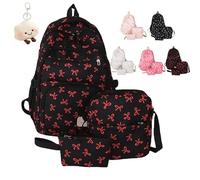 Bow Backpack 3Pcs Set for Girls, Preppy Daypack & Shoulder Bag Handbags, Kawaii Bow Nylon School Bags Crossbody Bag, for Teen, College, Primary and Secondary (Red)