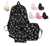Bow Backpack 3Pcs Set for Girls, Preppy Daypack & Shoulder Bag Handbags, Kawaii Bow Nylon School Bags Crossbody Bag, for Teen, College, Primary and Secondary (Black)