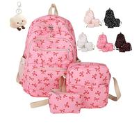 Bow Backpack 3Pcs Set for Girls, Preppy Daypack & Shoulder Bag Handbags, Kawaii Bow Nylon School Bags Crossbody Bag, for Teen, College, Primary and Secondary (Rose red)