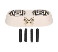 Bow Tie Pet Double Bowl Elevated Cat Food Bowl Stainless Steel Dog Cat Food Water Dish Set Non Slip Elevated Feeder with i Tip Design Easy to Clean (Beige)