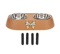 Bow Tie Pet Double Bowl Elevated Cat Food Bowl Stainless Steel Dog Cat Food Water Dish Set Non Slip Elevated Feeder with i Tip Design Easy to Clean (Color de café)