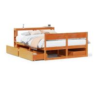 BOWEKAM Marco de cama sin colchón, color marrón, 135 x 190 cm, madera maciza de pino