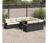 BOWEKAM Muebles, muebles de exterior, juegos de muebles de exterior, juego de sofá de jardín de 11 piezas con cojines, ratán de poliéster negro y acacia