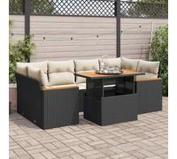 BOWEKAM Muebles, muebles de exterior, juegos de muebles de exterior, juego de sofá de jardín de 6 piezas con cojines, ratán de poliéster negro y acacia
