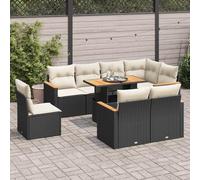 BOWEKAM Muebles, muebles de exterior, juegos de muebles de exterior, juego de sofá de jardín de 9 piezas con cojines, ratán de poliéster negro y acacia
