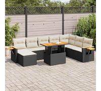 BOWEKAM Muebles, muebles de exterior, juegos de muebles de exterior, juego de sofá de jardín de 9 piezas con cojines, ratán de poliéster negro y acacia