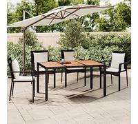 BOWEKAM Muebles, muebles de exterior, mesas de exterior, mesa de jardín con parte superior de madera, ratán negro y acacia de madera maciza