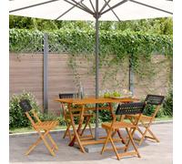 BOWEKAM Sillas de jardín plegables de 4 piezas, polirratán negro y madera maciza