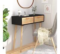 BOWEKAM Tables-Accent - Mesas auxiliares - Mesa consola negra 80 x 30 x 75 cm, madera maciza de pino y ratán