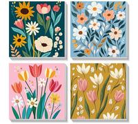 Bowetile 4 Pack Flor Pintar por Numeros Adultos Niños Principiantes con Marco, Paisaje Kit DIY Cuadros para Pintar por Numeros, Pintura Acrilica Manualidades Adultos 20X20 cm