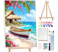 Bowetile Aldea de Barcos Marco Pintar por Números para Adultos, Kit de Escena Pintura por Números para Adultos, Kit Dibujo con Pigmentos Acrílicos Decoración del Hogar con Caballete de Madera20x30cm