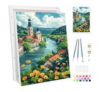 Bowetile Cabaña de Aldea Marco Pintar por Números para Adultos, Kit de Lienzo Paisaje para Principiantes, Kit Dibujo con Pigmentos Acrílicos para Decoración del Hogar 20x30cm