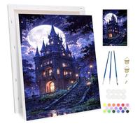 BOWETILE Castillo Luna Marco Pintar por Números para Adultos, Kit de Pintura por Números para Principiantes, Kit Dibujo con Pigmentos Acrílicos para Decoración del Hogar con Caballete de Madera20x30cm