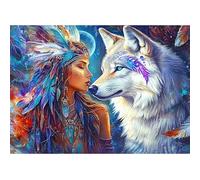 Bowetile Halloween Diamond Painting Art Kits Lobo y Mujer India Adultos, Lobo y Vista nocturna Cristal Pintura de Diamante con Cristales per Principianti, Decorazione Casa 30x40 cm