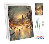 Bowetile Pueblo de Invierno Marco Pintar por Números para Adultos, Kit de Invierno Paisaje Pintura por Números para Principiante, Kit Dibujo con Pigmentos Acrílicos para Decoración del Hogar 20x30cm