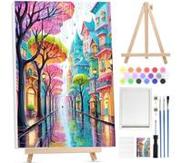 BOWETILE Pueblo Pequeño Pintar por Numeros Adultos Niños Principiantes con Marco&Caballete de Madera, Kit Cuadros para Pintar por Numeros, Pintura Acrilica Manualidades Adultos para Decoración 20x30cm