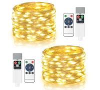 Bowfar Cadena de luces con batería, 2 unidades, 10 m, 100 LED, cadena de luces interior con batería recargable USB, 8 modos, cable con mando a distancia y temporizador para fiestas, bodas, Navidad
