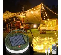 Bowfar Cadena de luces solares para camping, exterior, 13 m, 3600 mAh, enrollable, lámpara solar con mando a distancia y recargable por USB