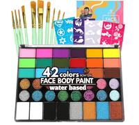 Bowitzki Face Paint Kit,Water Based Non Toxic Face Paint Palette with 24 Colors,16 Glitters, 32 Stencils & 10pcs Brushes, Professional Body Face Paint Makeup For Party,Halloween,Carnival,Festival