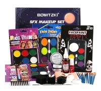 Bowitzki Juego de maquillaje de Halloween con base de aceite, pintura corporal con efectos especiales, kit SFX Sponges Scar Wax Fake Blood Brush Tooth Paint Halloween Party SFX Cosplay
