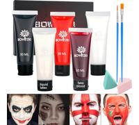 Bowitzki SFX - Kit de maquillaje para Halloween, base de agua, crema, cara, pintura corporal, cristal líquido, cepillo de sangre, esponjas, pintura, efectos especiales, zombi, vampiro, monstruo