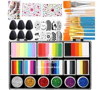 Bowitzki Split Cake Face Paint Kit with Glittle 18 Colors Professional Body Painting Set Stencil One Stroke Non Toxic Rainbow Flora Dolphin Unicorn Flame Makeup Christmas Easter - Classic Color
