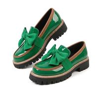 Bowknot Loafers Shoes for Women Fashionable Elegant Chunky Heel Loafers for Women 2026 Work Office Business Casual Spring & Fall Casual Patent Leather Shoe with Bow (Green,40)