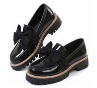 Bowknot Loafers Shoes for Women Fashionable Elegant Chunky Heel Loafers for Women 2026 Work Office Business Casual Spring & Fall Casual Patent Leather Shoe with Bow (Black,39.5)