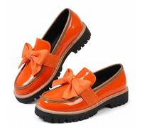 Bowknot Loafers Shoes for Women Fashionable Elegant Chunky Heel Loafers for Women 2026 Work Office Business Casual Spring & Fall Casual Patent Leather Shoe with Bow (Orange,37)