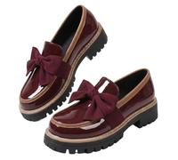 Bowknot Loafers Shoes for Women Fashionable Elegant Chunky Heel Loafers for Women 2026 Work Office Business Casual Spring & Fall Casual Patent Leather Shoe with Bow (Red,37)