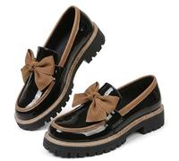 Bowknot Loafers Shoes for Women Fashionable Elegant Chunky Heel Loafers for Women 2026 Work Office Business Casual Spring & Fall Casual Patent Leather Shoe with Bow (Khaki,37)