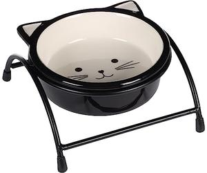 Bowl for Food and Water + Cat Holder Ceramic Handle Black/White Round 230 ml