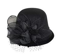 Bowler Hats for Women Feather Flower Wide Brim Felt Cloche Hat Vintage Elegant Adults Suede Wool Fedora Church Hat for Wedding Party Festival