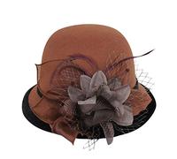Bowler Hats for Women Feather Flower Wide Brim Felt Cloche Hat Vintage Elegant Adults Suede Wool Fedora Church Hat for Wedding Party Festival
