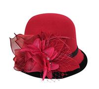 Bowler Hats for Women Feather Flower Wide Brim Felt Cloche Hat Vintage Elegant Adults Suede Wool Fedora Church Hat for Wedding Party Festival