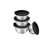 Bowls de acero inoxidable con tapa negra, 4 unidades de distintos tamaños, multiusos de MARTIN BERASATEGUI. Incluye recetario del prestigioso cocinero.