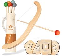 BOWRILLA ® Arco y Flecha Juguete Infantil de Madera con 5 Flechas, 4 dianas y Bolsa para Flechas | Juguete Infantil de Tiro con Arco para Interior y Exterior a Partir de 3 años | Apto para diestros y