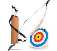 BOWRILLA® Set de flecha y arco para niños con 4 flechas de ventosa, objetivo de madera y aljaba | Juego de tiro con arco para niños para juegos de interior y exterior a partir de 5 años | Para