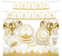 BOX And Tree| Eid Mubarak Vajilla Desechable Decoración - 52 piezas - 10 platos grandes, 10 platos medios, 10 toallas, 10 vasos, 10 decoración de globos, 1 pancarta, 1 mantel